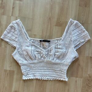 Zara Crochet Cream Lace Crop Blouse Top